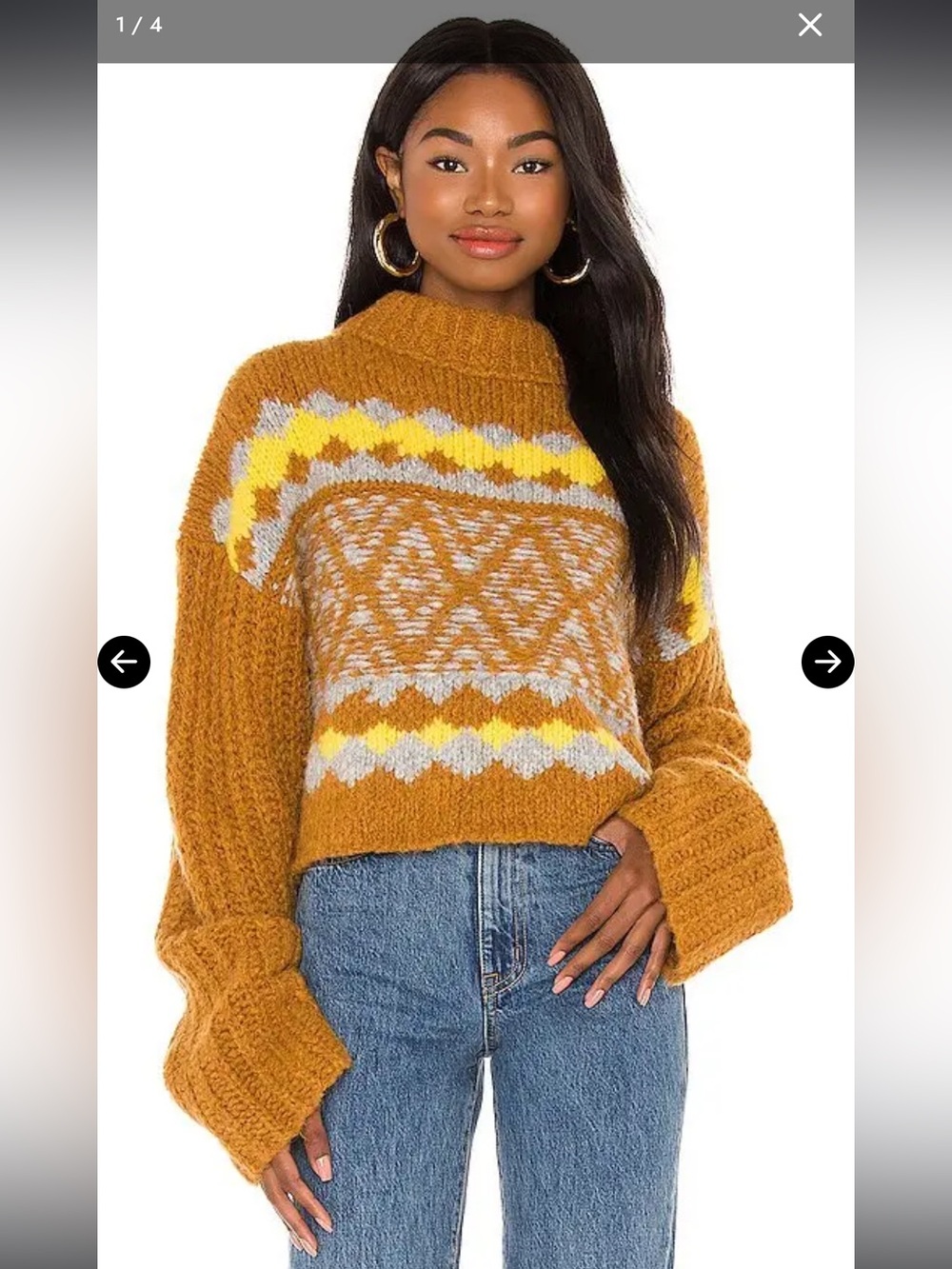 Free People Alpine Pullover Mustard & Yellow Patterned Turtleneck Sweater